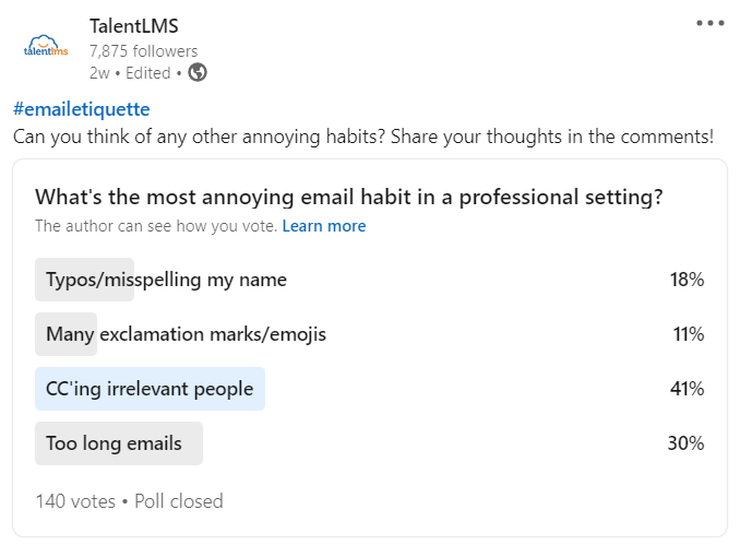 LinkedIn poll on proper email etiquette | TalentLMS